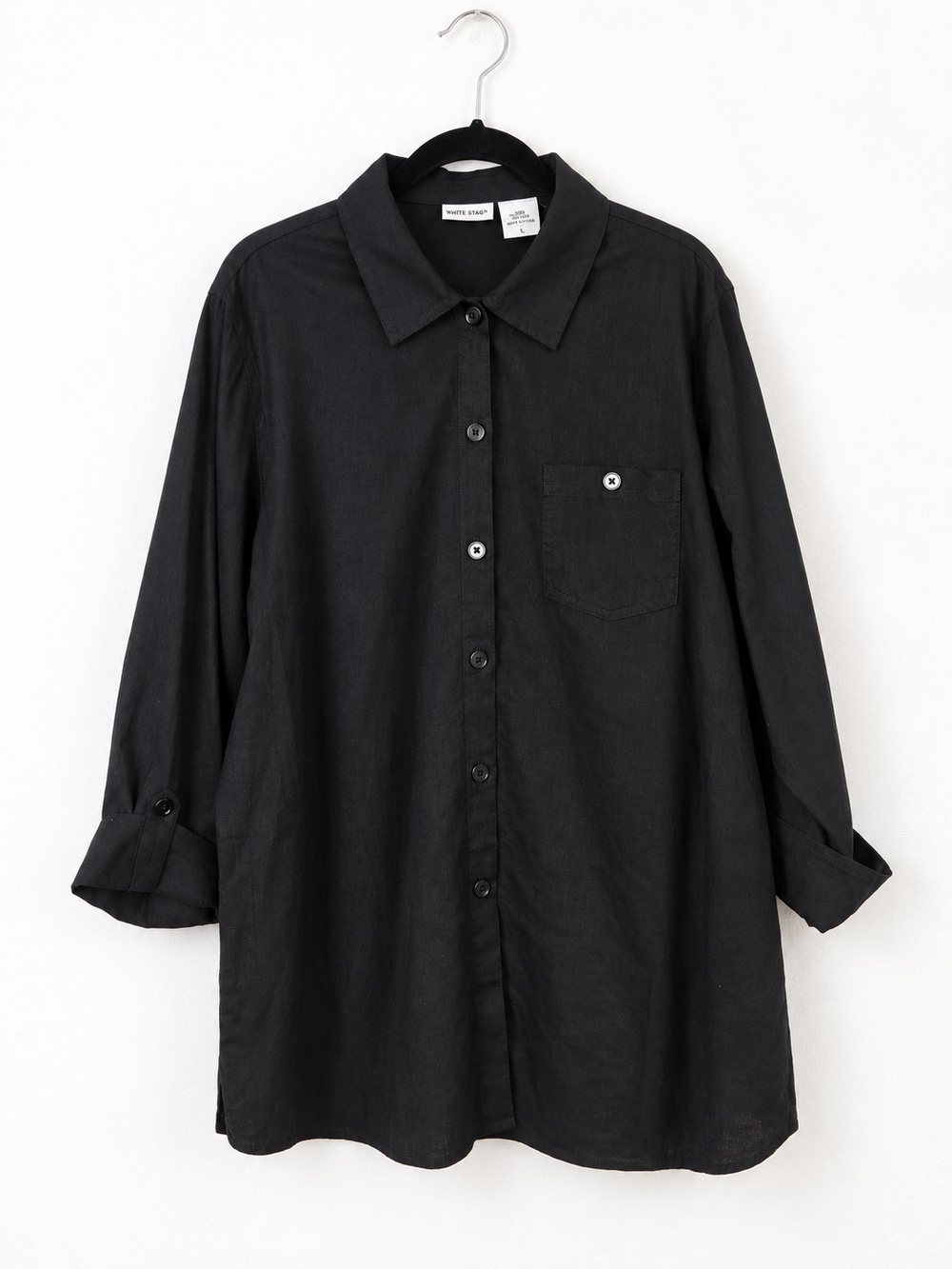 Vintage Liz Baker XXL Tall Black Linen Cotton Oversized Button Shirt Lagenlook